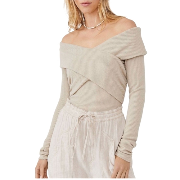 Free People Marley Off-Shoulder Neutral Oatmeal soft ribbed Wrapped Sweater sz S - Picture 7 of 11